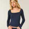 T-shirt bébé à manches longues, sans coutures, en tissu, à encolure carrée