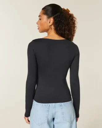 T-shirt bébé à manches longues, sans coutures, en tissu, à encolure carrée