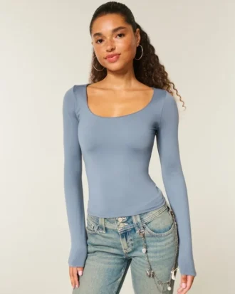 T-shirt à manches longues sans coutures et encolure dégagée