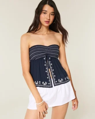 Top babydoll brodé sans bretelles facile à porter