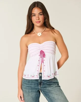Top babydoll brodé sans bretelles facile à porter