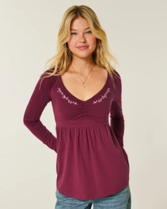 Top babydoll à manches longues et poitrine pincée Top babydoll à manches longues et poitrine pincée