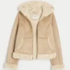 Veste à capuche en fausse peau lainée doublée de fausse fourrure